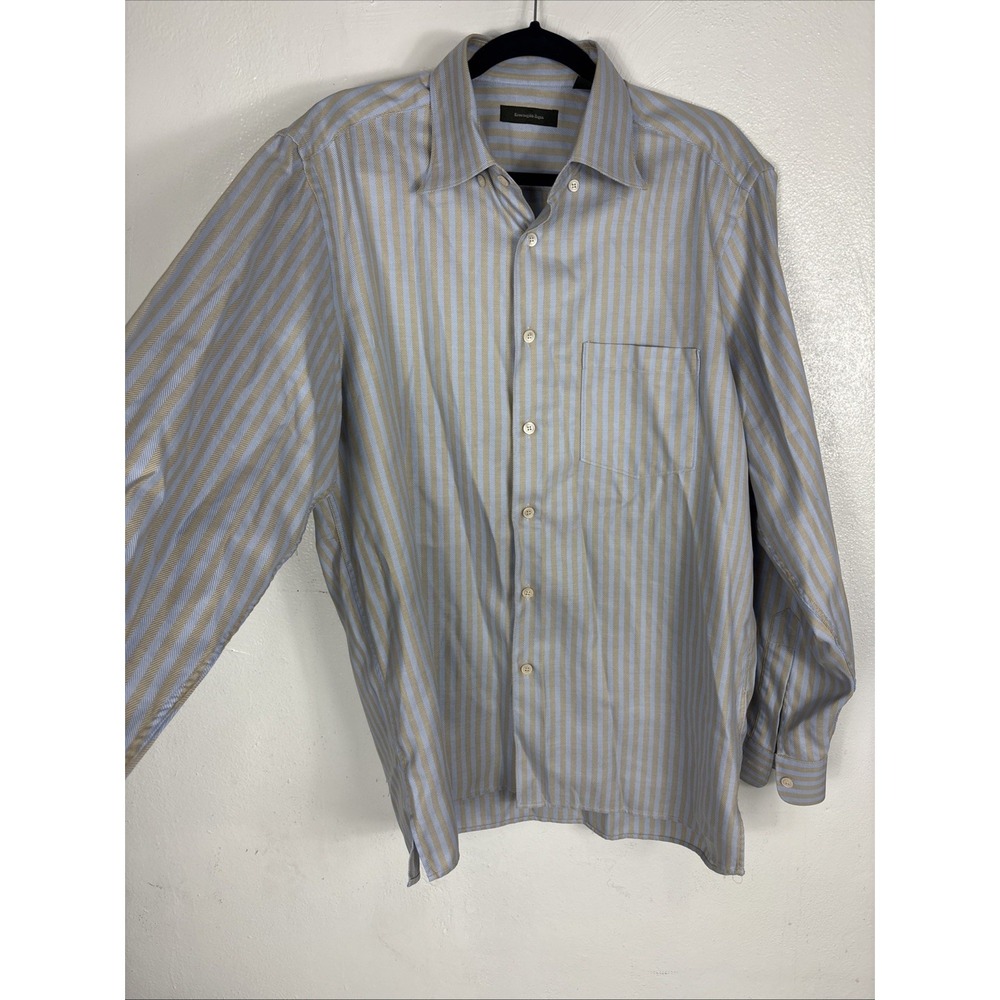 ERMENEGILDO ZEGNA Size‎ L Blue Stripes Cotton Button Up Long Sleeve Shirt